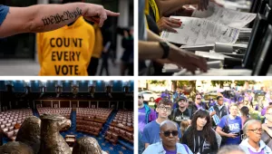 A Trump supporter demonstrating against 2020 election results clashes with a counter protester (clockwise from top left); election workers recount ballots; Democratic candidates in several key Pennsylvania races hold a rally last month ahead of midterms; chamber of the House of Representatives. 