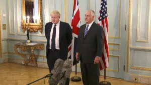 U.S. Secretary of State Rex W. Tillerson and U.K. Foreign Secretary Boris Johnson address reporters in Carlton Gardens, in London, England on January 22, 2018.