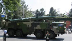 A DF-15B short-range ballistic missile as seen after the military parade held in Beijing to commemorate the 70th anniversary of the end of WWII in 2015 (Wikimedia/IceUnshattered).