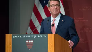 Ash Carter speaking at a Harvard Kennedy School JFK Jr. Forum on March 28, 2017. 
