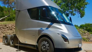 A prototype Tesla Semi truck at Tesla HQ in California, April 22, 2019. 