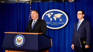 Secretary of State Mike Pompeo and Secretary of the Treasury Steve Mnuchin provide an update on the Trump administration's Iran policy at the Foreign Press Center in Washington, D.C., on November 5, 2018 (State Department via Flickr).