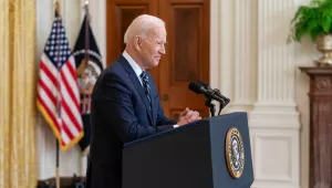 President Joe Biden participates in his first official press conference Thursday, March 25, 2021, in the East Room of the White House.