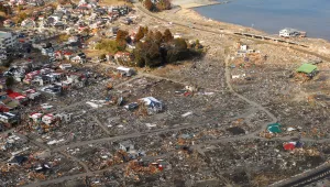 An aerial view of damage to Sukuiso, Japan, on March 18, 2011, a week after a 9.0 magnitude earthquake and subsequent tsunami devastated the area.