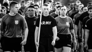 Black and white photo of paratroopers conducting a battalion run in North Carolina