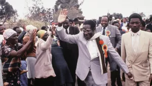 Zimbabwe Prime Minister Robert Mugabe attended an election rally near Harare, in July 1985.