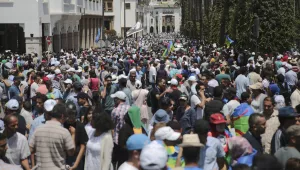 Photo of protesters taking part in a march denouncing heavy sentences against Hirak activists, in Rabat, Morocco, Sunday, July 15, 2018. 