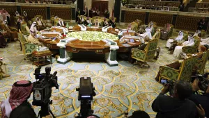 Cameramen film Saudi King Salman, center, as he chairs the 40th Gulf Cooperation Council (GCC) Summit in Riyadh, Saudi Arabia, Tuesday, Dec. 10, 2019.
