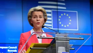 European Commission President Ursula von der Leyen speaks during a press conference at an EU summit in Brussels, Friday, Oct. 2, 2020.