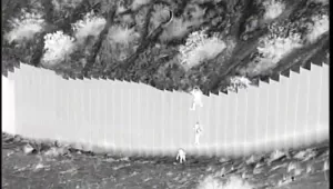 This photo taken from night video provided by the U.S. Customs and Border Protection shows a smuggler dropping children from the top of border barrier in Santa Teresa, N.M.