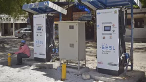 A public charging station for electric vehicles in New Delhi, India, Thursday, April 1, 2021.