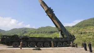 North Korean leader Kim Jong Un, second from right, inspects the preparation of the launch of a Hwasong-14 ICBM in North Korea on July 4, 2017.