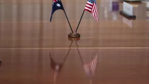 The countries' flags are seen on the table during a meeting between Secretary of Defense Lloyd Austin and Australian Deputy Prime Minister and Minister of Defense Richard Marles at the Pentagon, Monday, Dec. 5, 2022, in Washington.