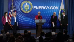 from left, Kim Budil, director of Lawrence Livermore National Laboratory, National Nuclear Security Administration director Jill Hruby, Secretary of Energy Jennifer Granholm, Arati Prabhakar, the president's science adviser, and National Nuclear Security Administration Deputy Administrator for Defense Programs Marvin Adams