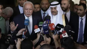 Nayef al-Sudairi, Saudi Arabia's the first-ever ambassador to the Palestinian Authority, right, and Palestinian Minister of Foreign Affairs and Expatriates, Dr. Riyad Al-Maliki, left, make a joint statement after their meeting in Ramallah, Tuesday, Sept. 26, 2023. Al-Sudairi visited the Palestinian territories Tuesday to discuss the burgeoning Saudi-Israeli normalization deal, which the kingdom has said will hinge on what concessions Israel is willing to grant the Palestinians.