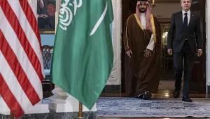 Secretary of State Antony Blinken, right, meets with Saudi Arabia's Minister of Defense Khalid bin Salman, Wednesday, Nov. 1, 2023, at the State Department in Washington.