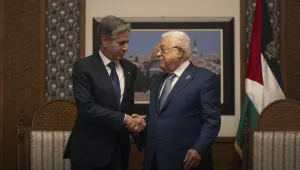 Palestinian President Mahmoud Abbas, right meets with U.S. Secretary of State Antony Blinken at his office in the West Bank city of Ramallah, Thursday, Nov. 30, 2023.
