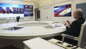 President Putin takes part in the official ceremony for pouring the first concrete into the foundation of power unit #4 at Egypt's El-Dabaa Nuclear Power Plant via videoconference with President of Egypt Abdel Fattah el-Sisi at the Kremlin on Jan. 23, 2024.