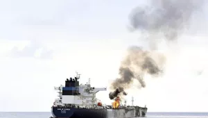 Oil tanker Marlin Luanda on fire after an attack in the Gulf of Aden.