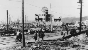 In this 1945 file photo, an area around the Sangyo-Shorei-Kan (Trade Promotion Hall) in Hiroshima is laid waste after an atomic bomb exploded within 100 meters of here.