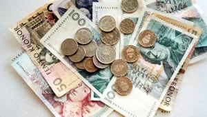 Different Swedish bank notes and coins.