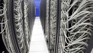 Cables connected to server racks at a data center in Switzerland.