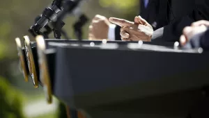 A view of the podiums during a news conference in the Rose Garden at the White House, Monday, April 2, 2012. (AP Photo/Charles Dharapak)