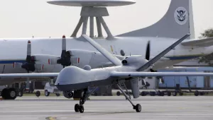 A Predator B unmanned aircraft taxis at the Naval Air Station in Corpus Christi, Texas.