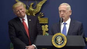 In this Jan. 27, 2017 photo, President Donald Trump, left, listens as Defense Secretary James Mattis, right, speaks at the Pentagon in Washington. With Republicans in charge of Congress, President Donald Trump’s pledge to boost the Pentagon’s budget by tens of billions of dollars should be a sure bet. It’s not. (AP Photo/Susan Walsh)