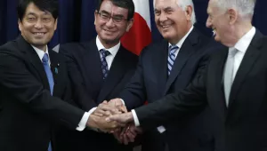 From left, Japanese Defense Minister Itsunori Onodera, Japanese Foreign Minister Taro Kono, Secretary of State Rex Tillerson, and Defense Secretary James Mattis, shake hands 