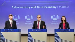 EU Commissioner for the Digital Single Market Andrus Ansip, left, EU Commissioner for the Security Union Julian King, center, and EU Commissioner for the Digital Economy and Society Mariya Gabriel address the media on EU's response to cyber-attacks, at EU headquarters in Brussels on Tuesday, Sept. 19, 2017. (AP Photo/Geert Vanden Wijngaert)
