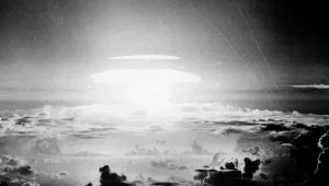 In this file photo, the fireball of a hydrogen bomb lights the Pacific sky a few seconds after the bomb was released over Bikini Atoll. May 21, 1956 (Associated Press/File) Keywords: hydrogen bomb, nuclear weapons, Bikini Atoll