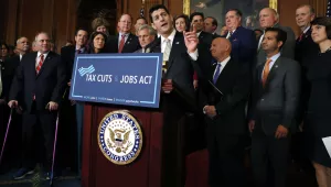 House Speaker Paul Ryan of Wis., joined by House Republicans, speaks to the media following a vote on tax reform, on Capitol Hill in Washington on Nov. 16, 2017 (AP Photo/Jacquelyn Martin, File).