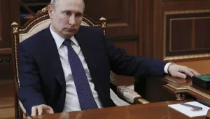 Russian President Vladimir Putin listens during a meeting with Agriculture Minister Alexander Tkachev in Moscow, Russia. April 9, 2018 (Credit: Mikhail Klimentyev, Sputnik, Kremlin Pool Photo via Associated Press). Keywords: Putin, Russia