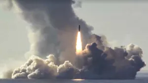 A Russian nuclear submarine test-fires several Bulava missiles from the White Sea, May 24, 2018.