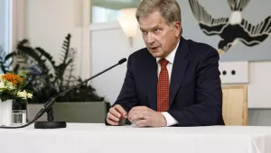 Finnish President Sauli Niinisto speaks during a press conference regarding the upcoming Trump-Putin Summit, in his official residence, Helsinki, Finland on Thursday, June 28, 2018. (Roni Rekomaa/Lehtikuva via AP)