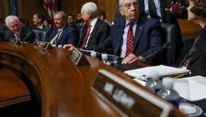 From left, Senate Majority Whip Sen. John Cornyn, R-Texas, Sen. Lindsey Graham, R-S.C., Sen. Orrin Hatch, R-Utah, Senate Judiciary Committee Chairman Chuck Grassley of Iowa, and Ranking Member Sen. Dianne Feinstein, D-Calif., gather before a Senate Judiciary Committee meeting, Friday, Sept. 28, 2018 on Capitol Hill in Washington.