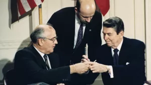 Reagan and Gorbachev signing INF Treaty in 1987