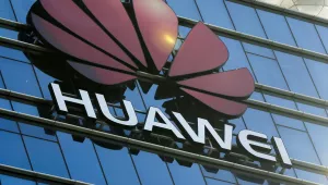 Huawei's logo stands tall on this R&D center in China's Guangdong province, December 18, 2018..