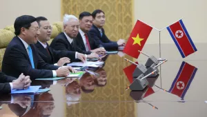 The delegation of the Vietnamese Foreign Ministry led by Foreign Minister Pham Binh Minh, left, meets with North Korea Foreign Minister Ri Su Yong at the Mansudae Assembly Hall in Pyongyang, North Korea, on Feb. 13, 2019 (Cha Song Ho/Associated Press).
