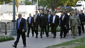 Photo of President Donald Trump, Secretary of Defense Mark Esper, and others walk in Lafayette Park for a photo outside St. John's Church across from the White House Monday, June 1, 2020, in Washington. 