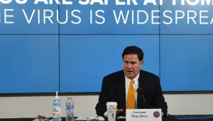 Arizona Republican Gov. Doug Ducey speaks about the latest coronavirus data at a news conference Thursday, June 25, 2020, in Phoenix.