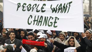 Protesters march with a banners during a protest in Rabat, Morocco. Morocco