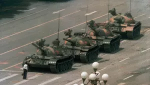 A man stands resolutely in the way of line of tanks in Tiananmen Square, June 5, 1989.