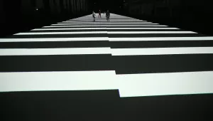 A light installation representing data streaming by Japanese artist Ryoji Ikeda in Germany, September 13th, 2013.z