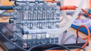 A hydrogen fuel cell in a workshop