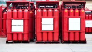Hydrogen gas cylinders at a fueling station.