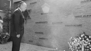 Israeli Prime Minister Yitzhak Rabin lays a wreath at the memorial to all concentration camp victims in West Berlin's Jewish community center, July 9, 1975. 