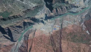 A satellite view of the Baihetan Dam, under construction on the Jinsha River in Yunnan province, February 4, 2020.