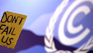 A cardboard sign reading "Don't Fail Us" held up in front of the UN climate change logo at COP27.